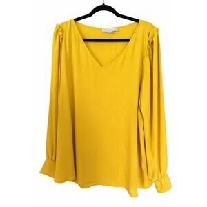 LOFT XL Mustard Yellow Boho Blouse V Neck Ruffle Shoulder Smocked Cuff Flowy Top